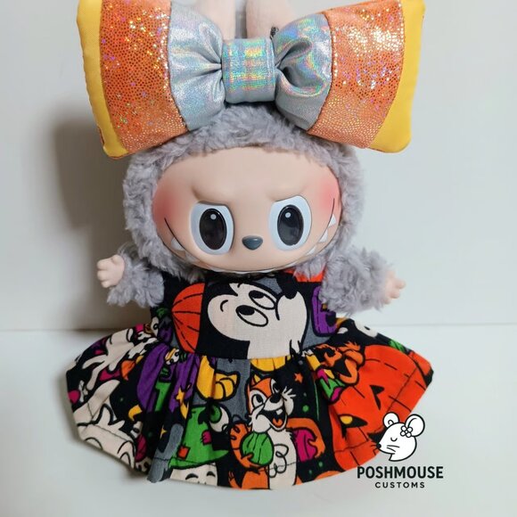 Labubu Mickey Pumpkin Halloween Dress with Metallic Candy Corn Bow Outfit - Picture 3 of 5